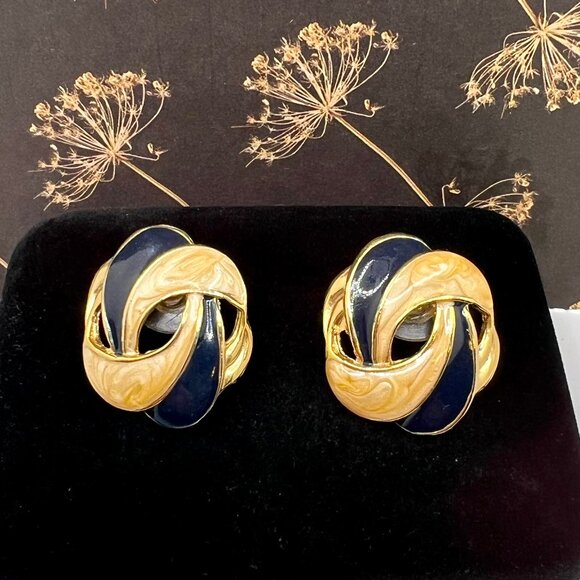 Navy Blue and Swirled Gold Enamel Earrings - Picture 1 of 3